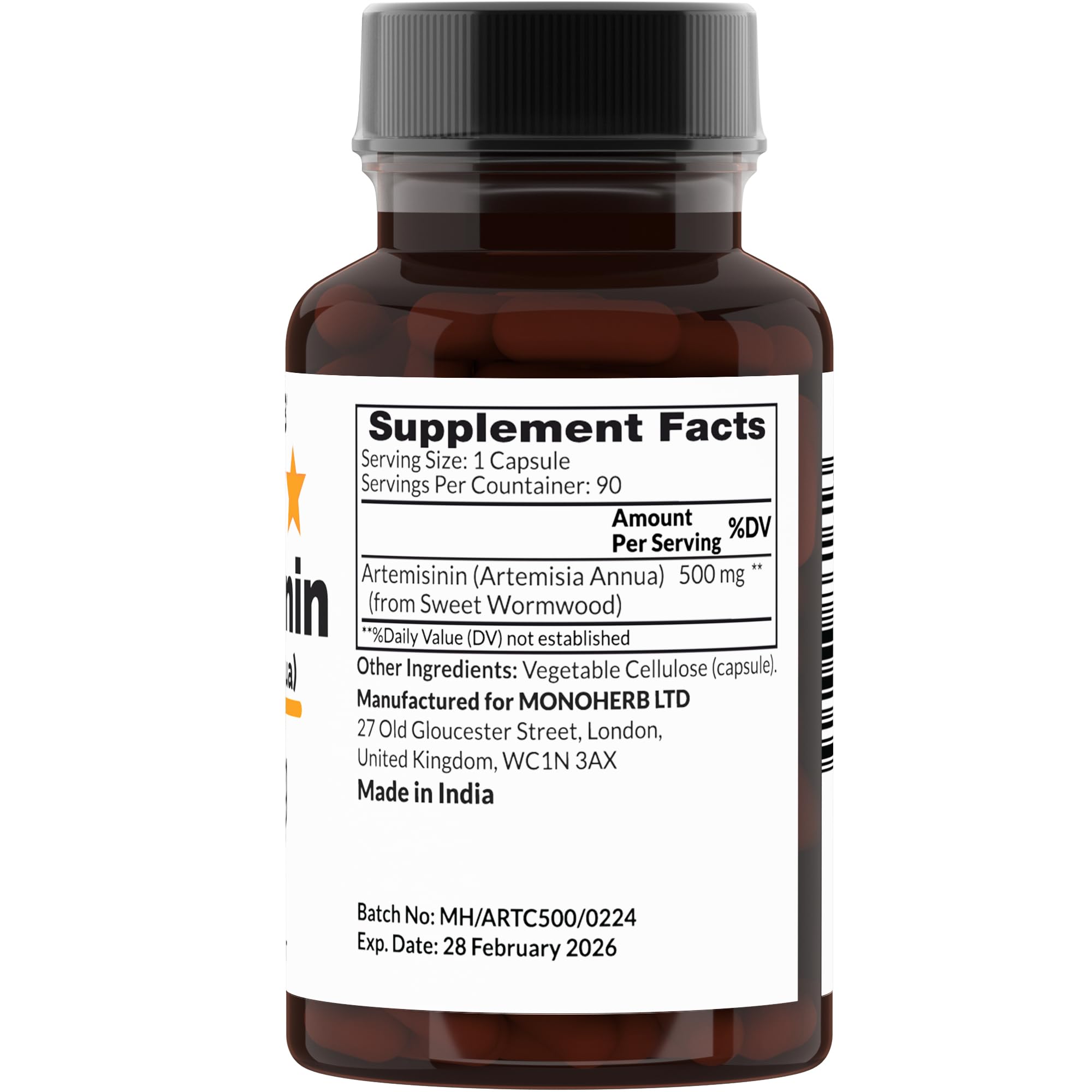 MONOHERB Artemisinin capsules close-up showing transparent veggie capsules for easy swallowing.