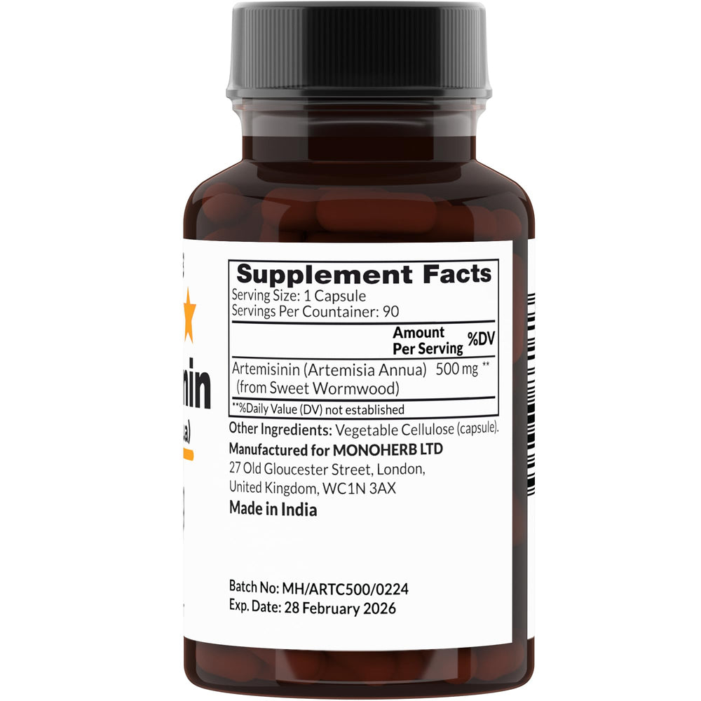 MONOHERB Artemisinin capsules close-up showing transparent veggie capsules for easy swallowing.