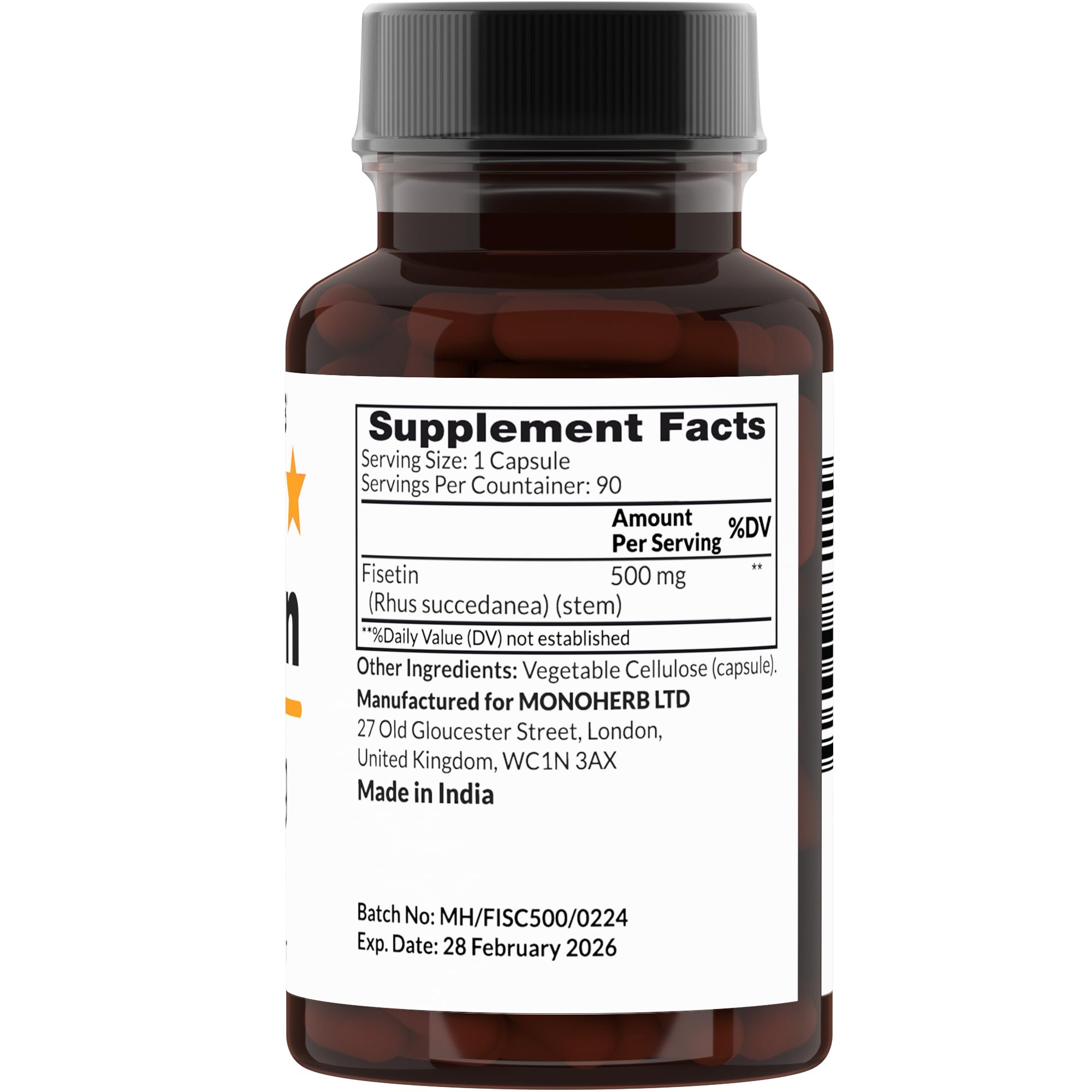 MONOHERB Fisetin 500 mg pack front underlines vegan capsules for daily use
