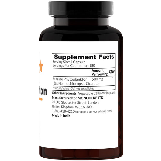 MONOHERB Marine Phytoplankton capsules close-up highlighting 100% pure extract for daily supplementation.