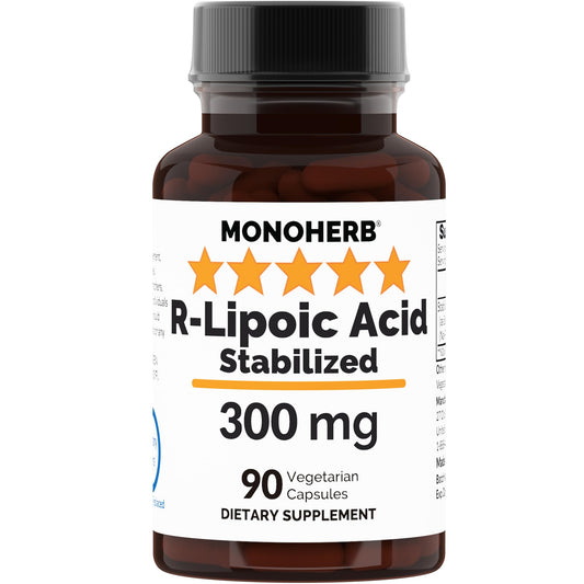 MONOHERB R-Lipoic Acid bottle showing stabilized capsules for antioxidant support
