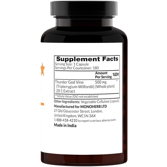 MONOHERB Thunder God Vine capsules offer 500 mg per capsule for convenient daily intake.