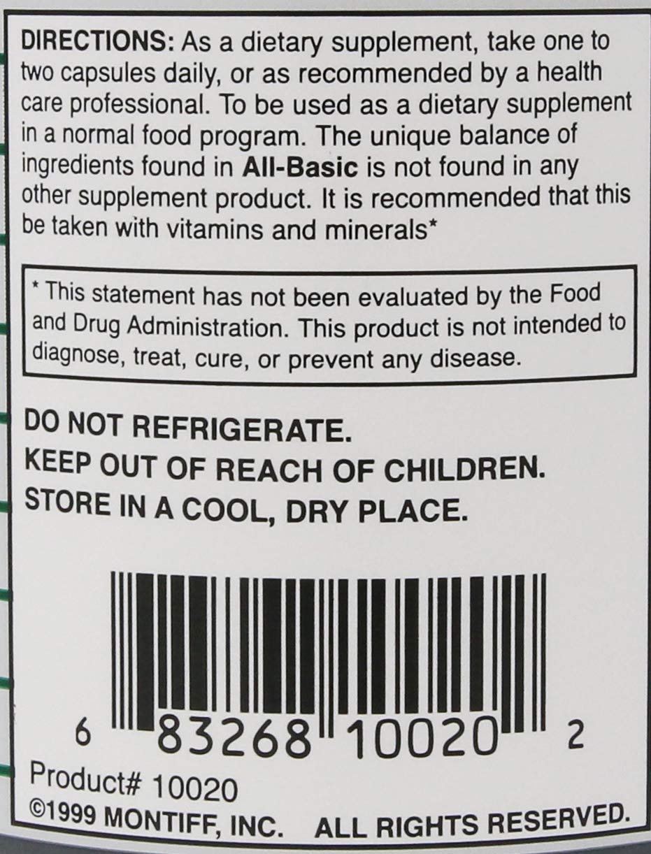 Montiff All-Basic ingredients panel highlights allergen-free formula for sensitive users.