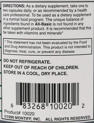 Montiff All-Basic ingredients panel highlights allergen-free formula for sensitive users.
