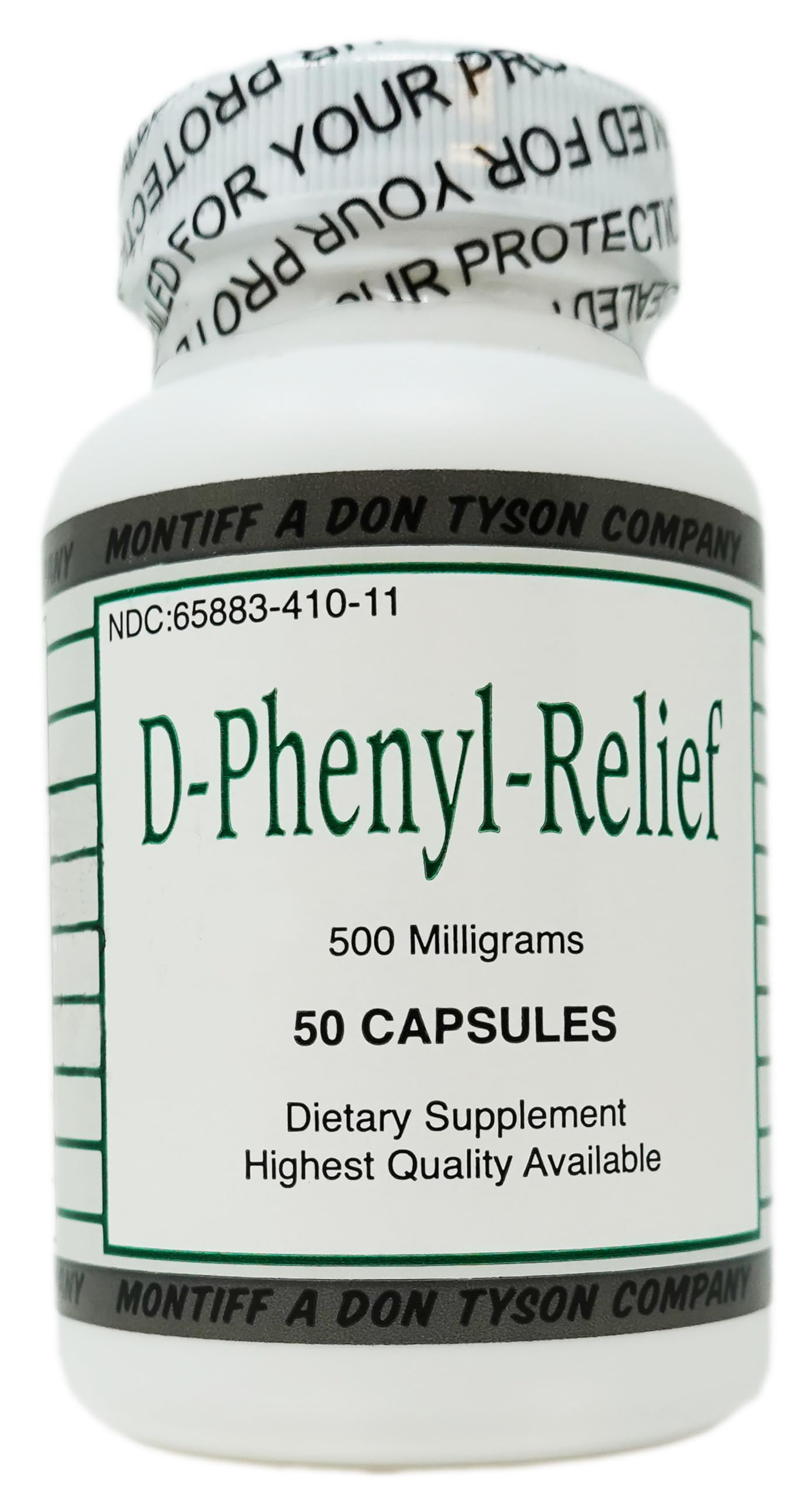 Montiff Pure D-Phenyl Relief bottle with 500 mg capsules for daily use.