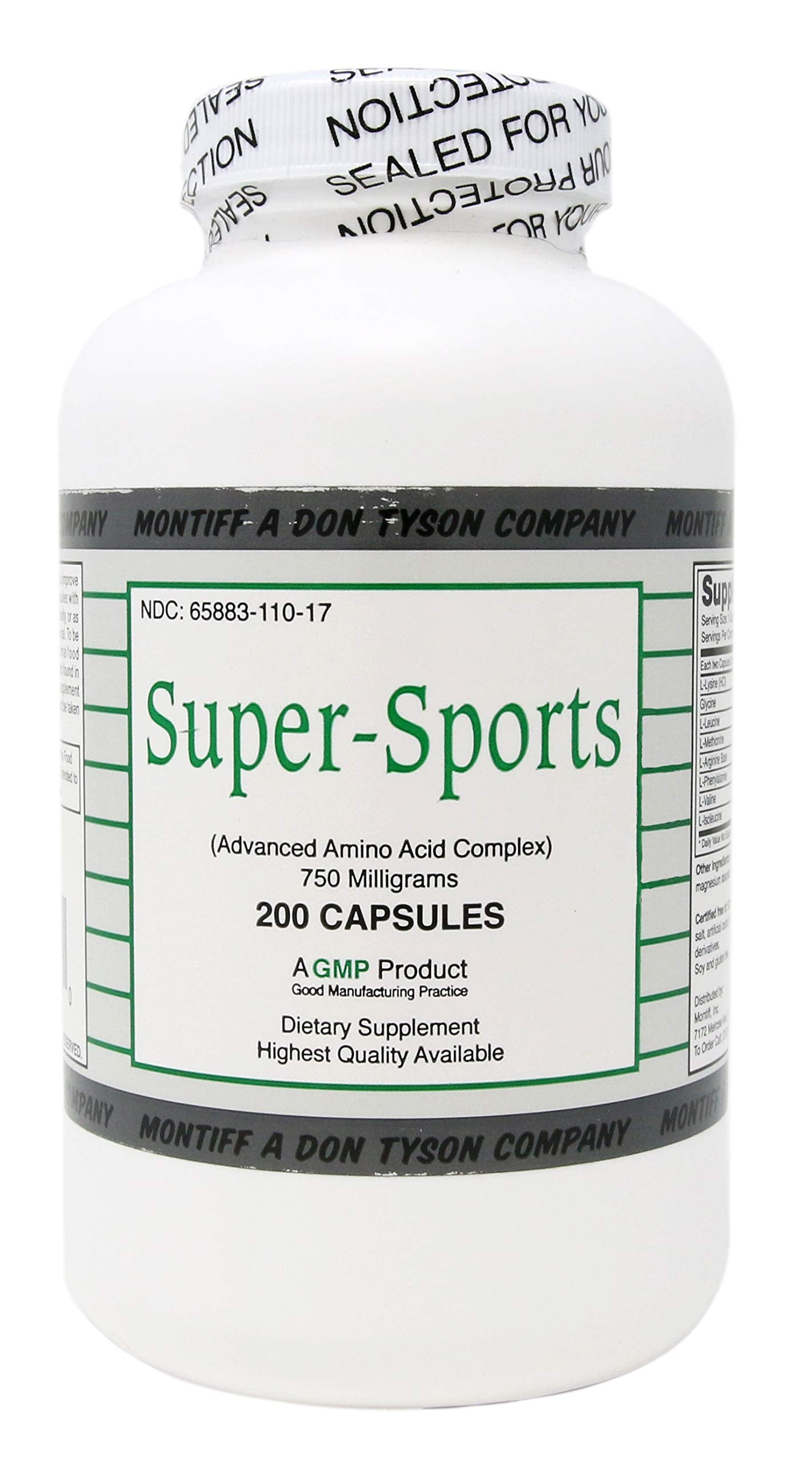 Montiff Super Sports 750 mg bottle front displaying label and capsules for daily amino acid support.