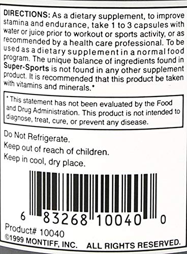 Montiff Super Sports 750 mg label info showing blend and ingredients for informed use.