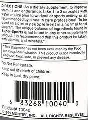 Montiff Super Sports 750 mg label info showing blend and ingredients for informed use.