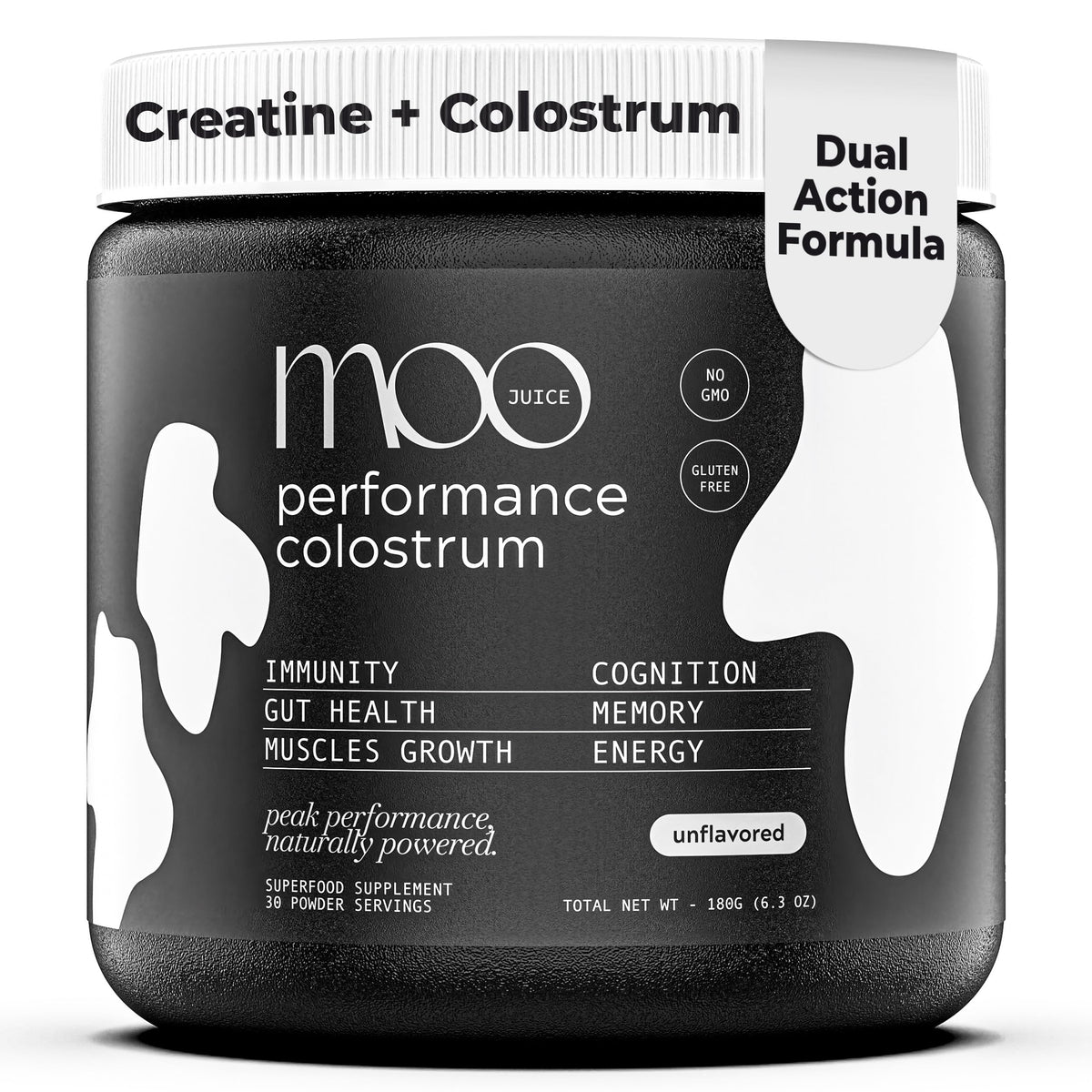 Moo Juice Colostrum Powder bottle shows premium grass-fed formula for daily vitality.