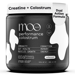 Moo Juice Colostrum Powder bottle shows premium grass-fed formula for daily vitality.