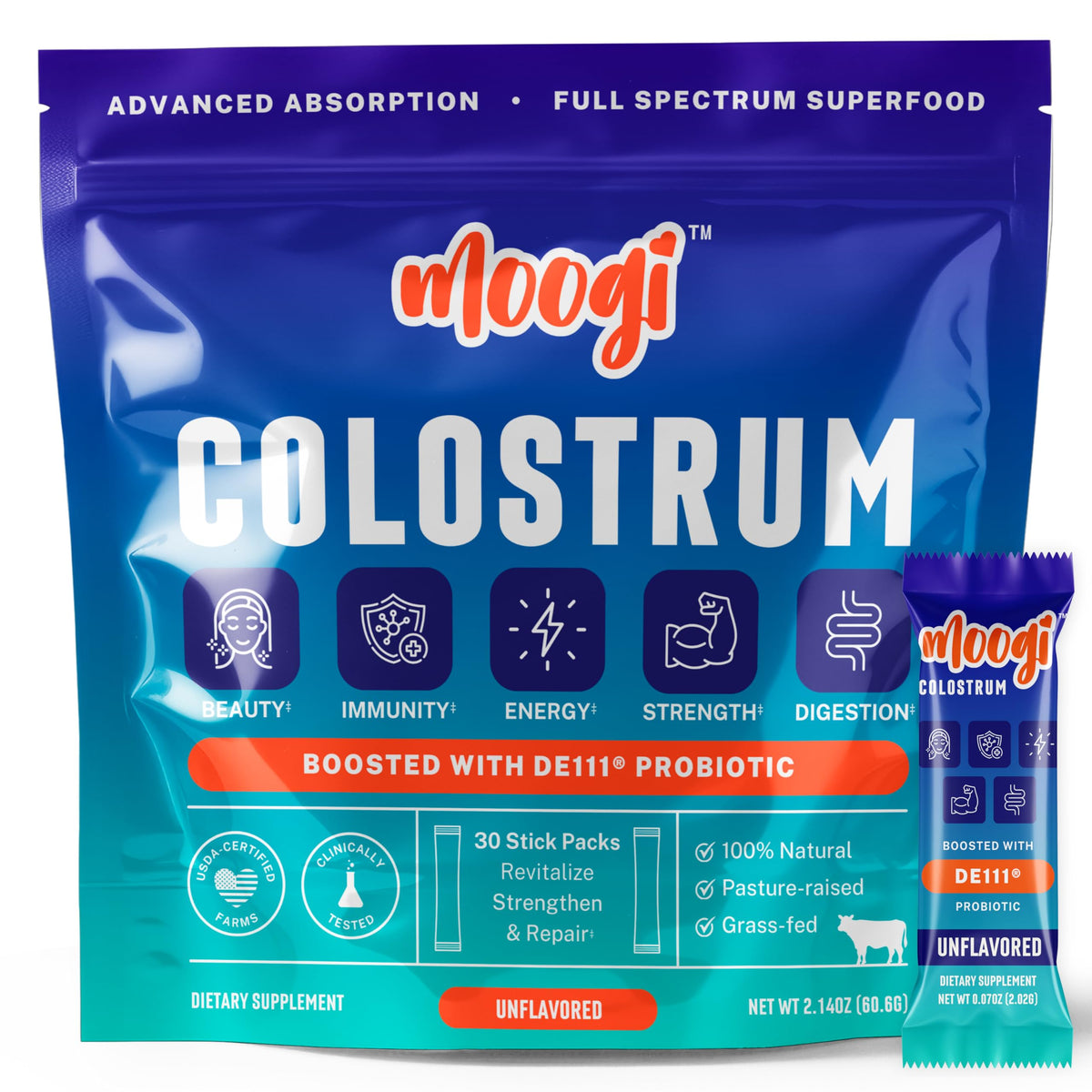 Moogi Premium Colostrum Powder stick-pack for on-the-go wellness.