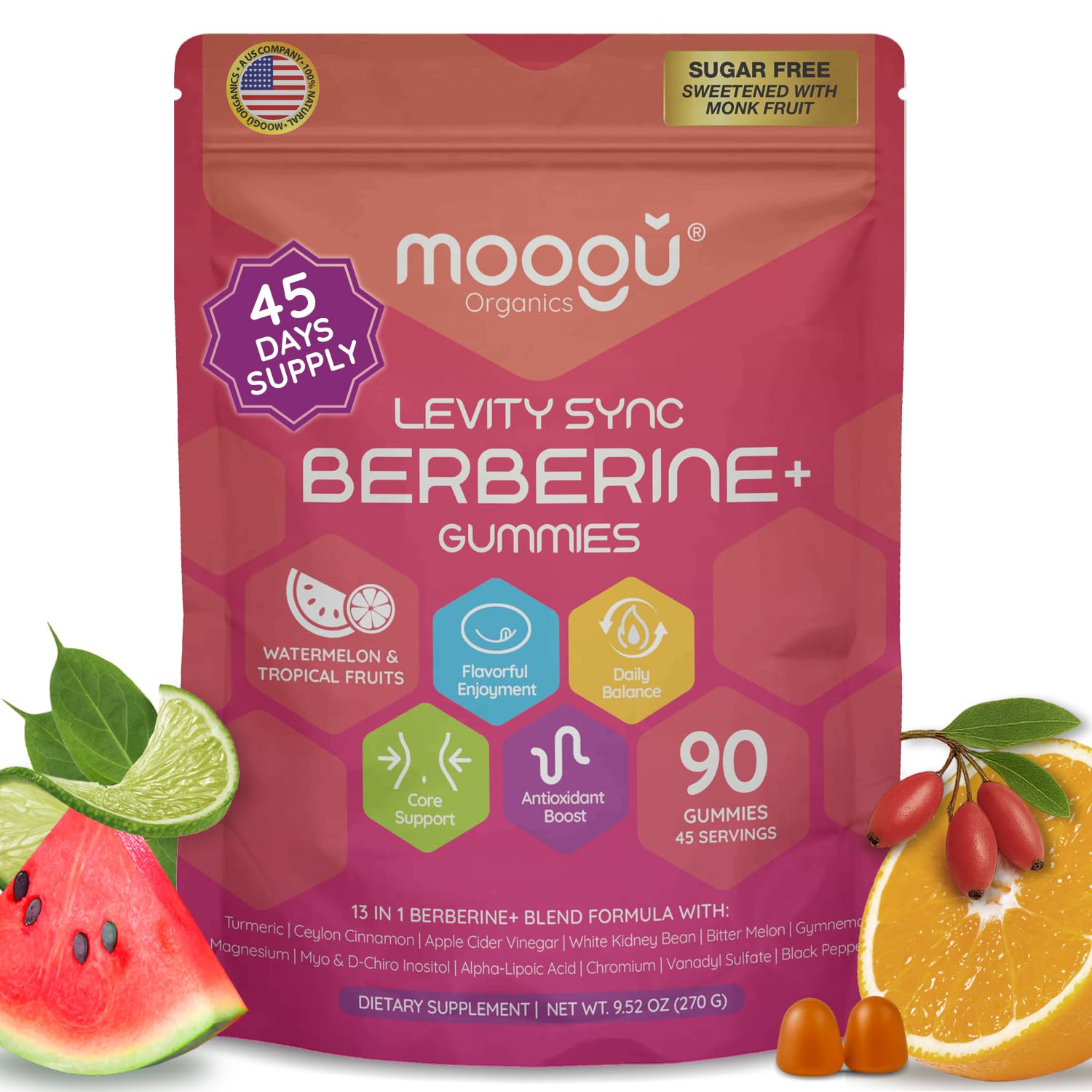 Moogu Organics Berberine Mega Formula Gummies bottle showcases advanced DHB for improved absorption.