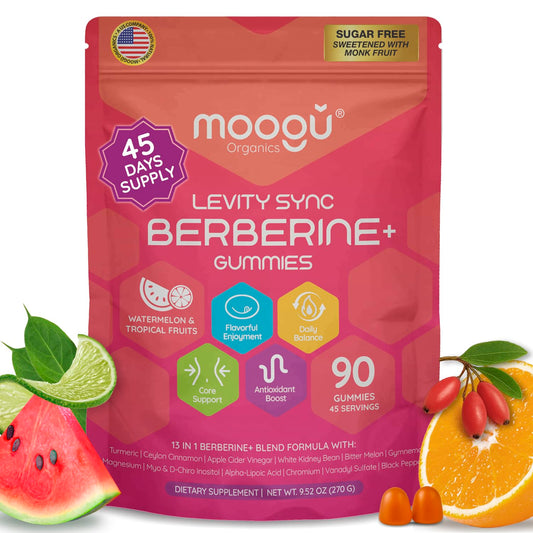 Moogu Organics Berberine Mega Formula Gummies bottle showcases advanced DHB for improved absorption.