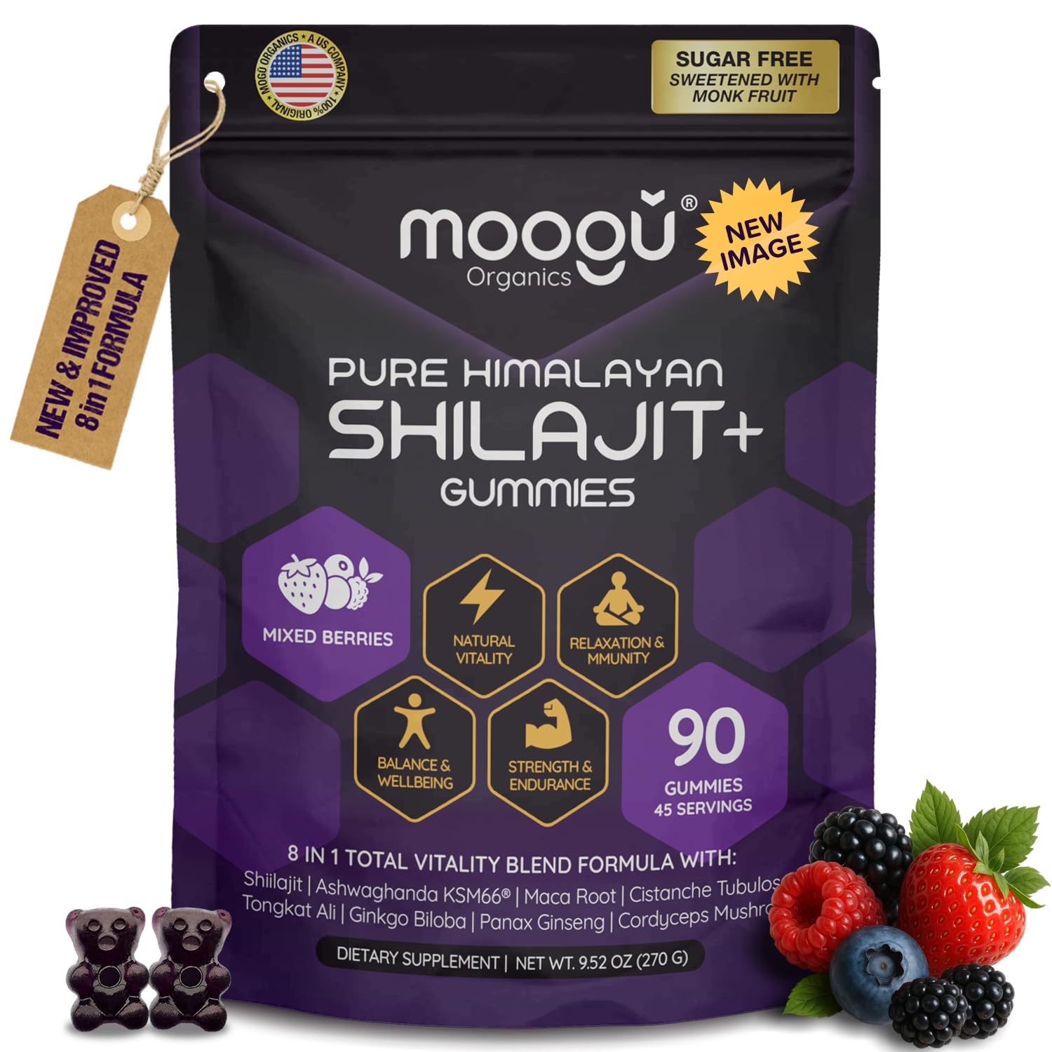 Moogu Organics Shilajit Gummies bottle promotes daily energy support (vegan, sugar-free).