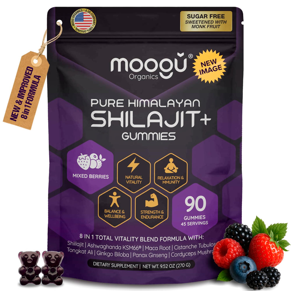 Moogu Organics Shilajit Gummies bottle promotes daily energy support (vegan, sugar-free).
