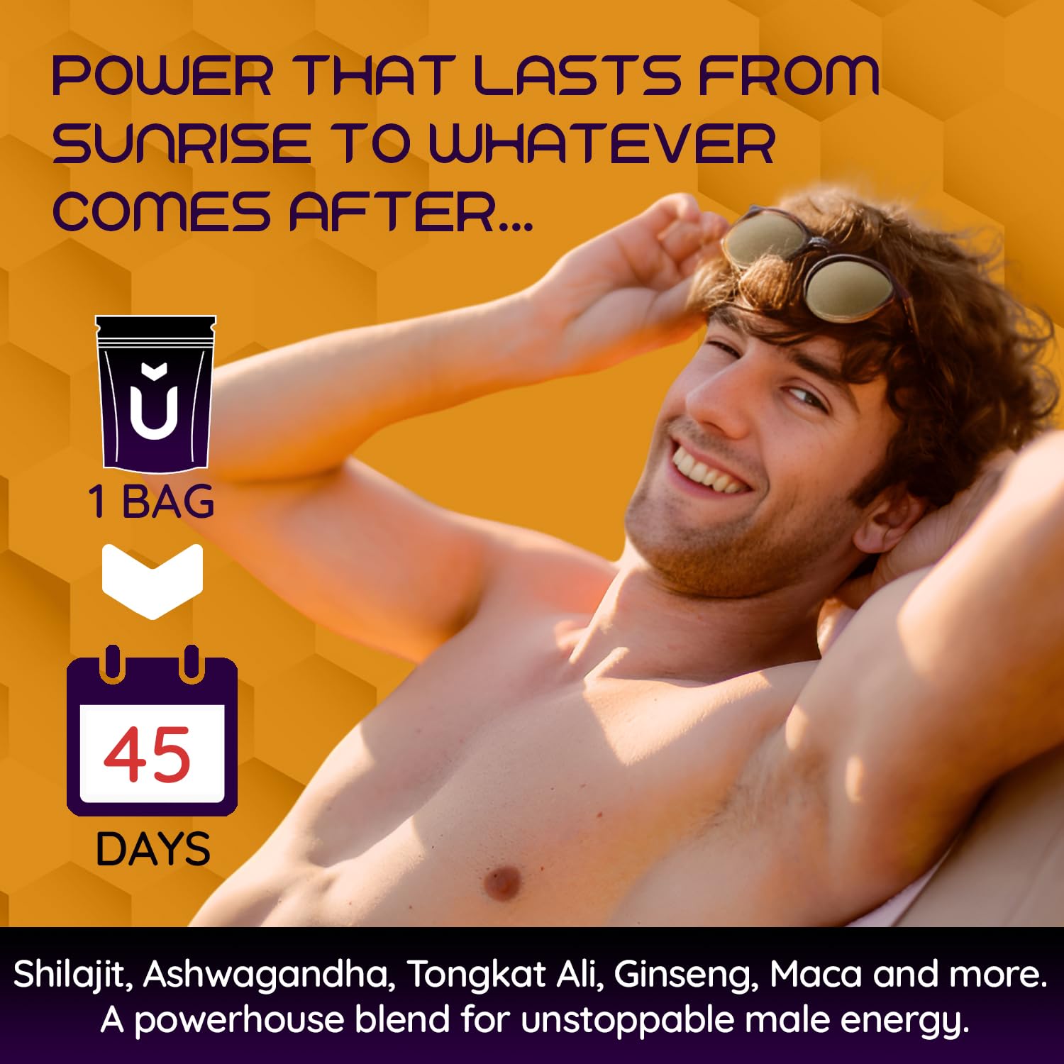 Ingredient blend featuring Tongkat Ali, Ashwagandha, Maca and Cordyceps.
