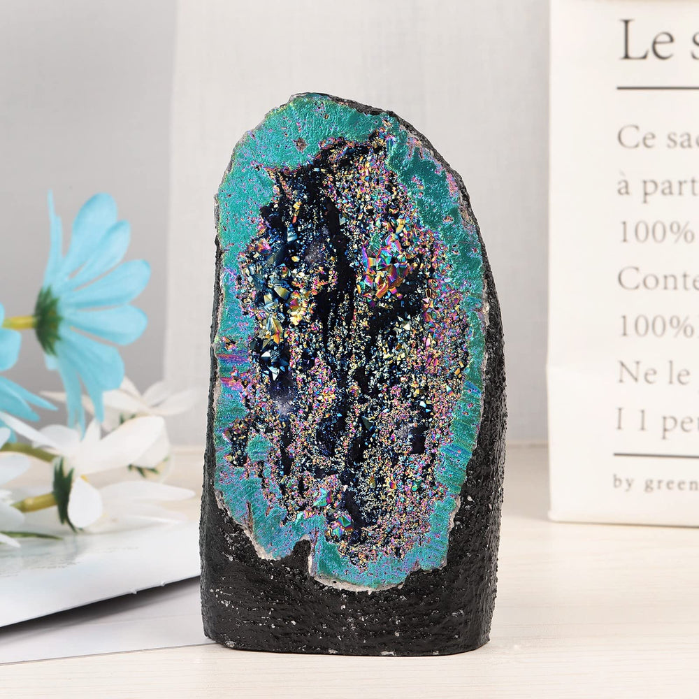 mookaitedecor Angel Aura Quartz geode cluster gleams in bright light, inviting feng shui energy