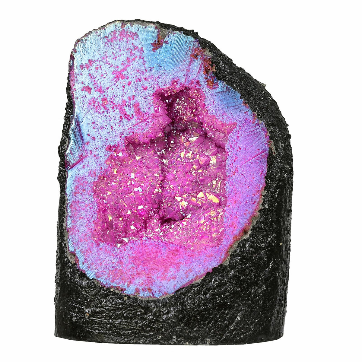 mookaitedecor Angel Aura Quartz geode cluster glows in sunlight for meditation spaces.