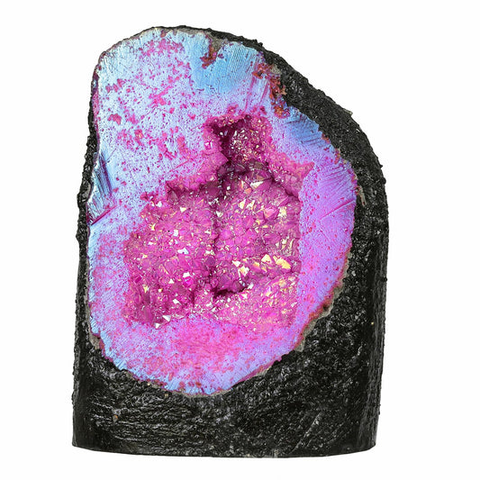mookaitedecor Angel Aura Quartz geode cluster glows in sunlight for meditation spaces.