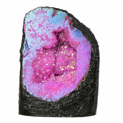 mookaitedecor Angel Aura Quartz geode cluster glows in sunlight for meditation spaces.