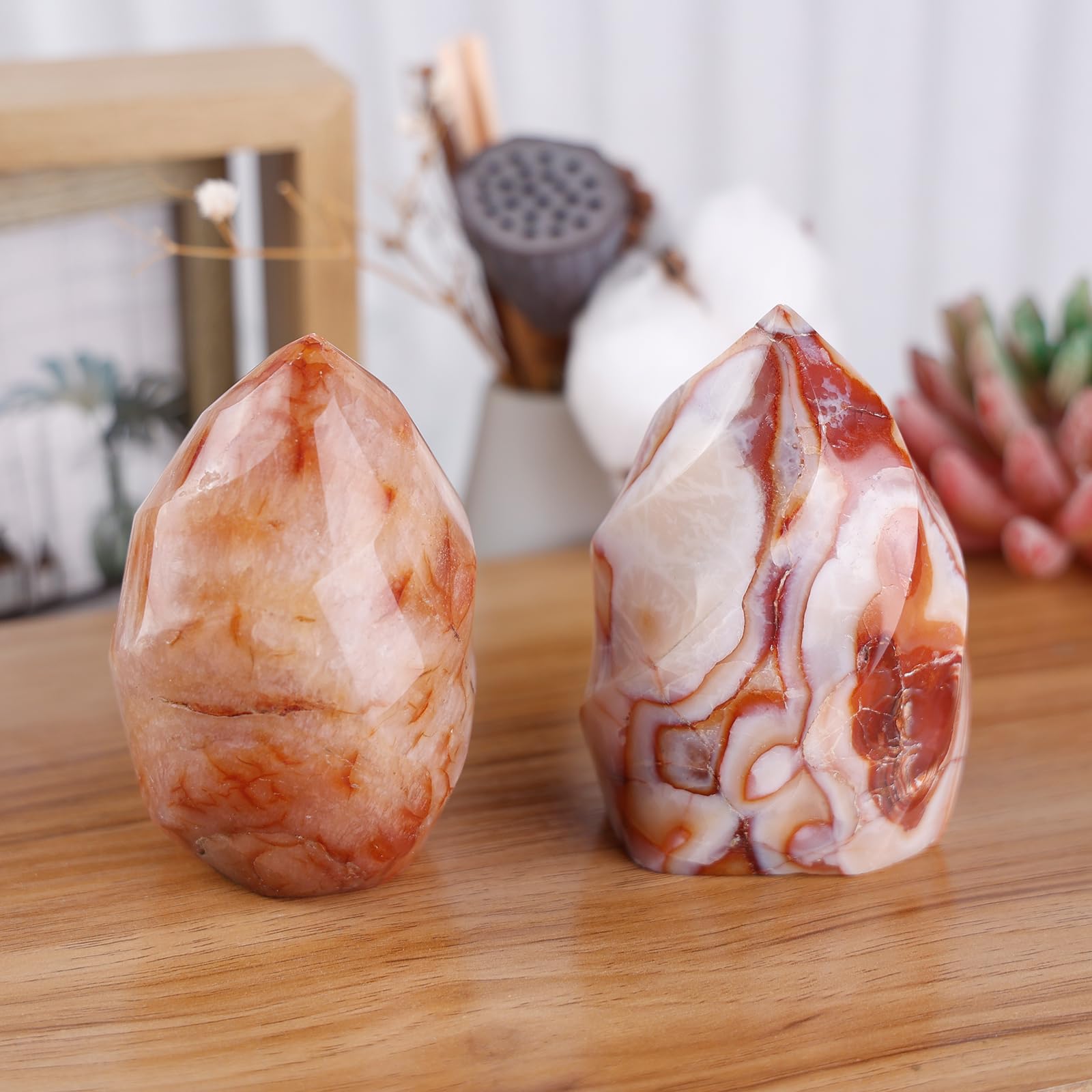 Mookaitedecor Carnelian Flame Tower height variation suggests size accuracy and variety