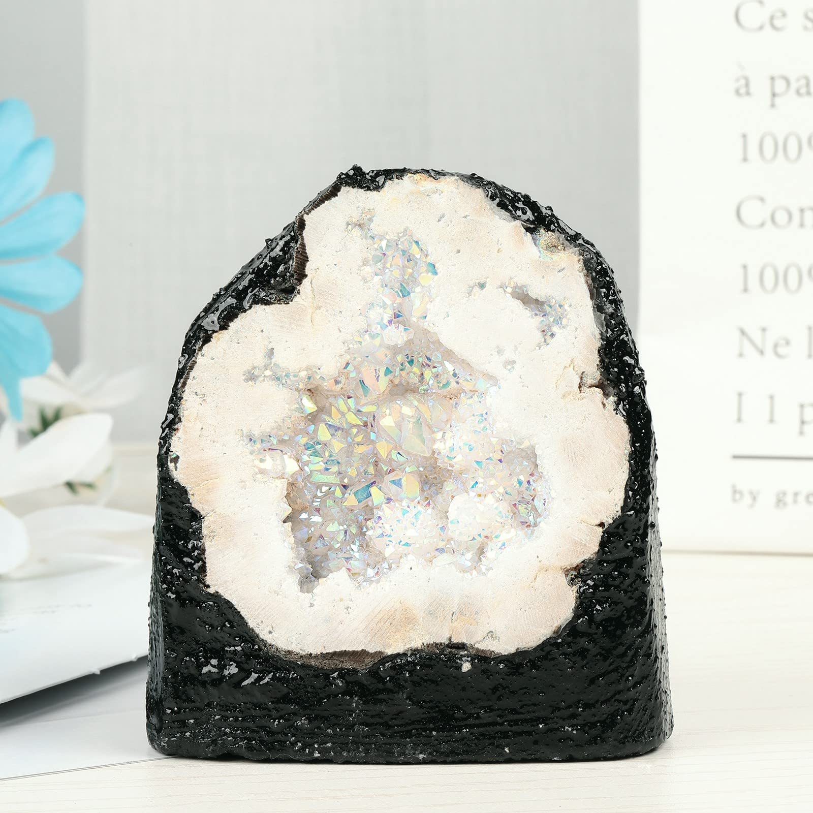 Mookaitedecor crystal geode with titanium coating adds colorful sparkle