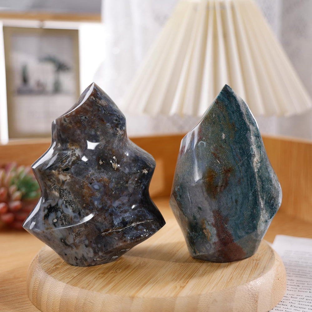 mookaitedecor Ocean Jasper Flame Tower on desk ideal focal point for study or yoga