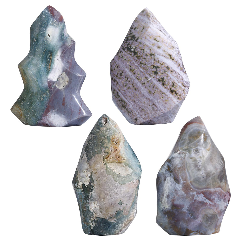 mookaitedecor Ocean Jasper Flame Tower closeup showing fiery flame silhouette and texture.
