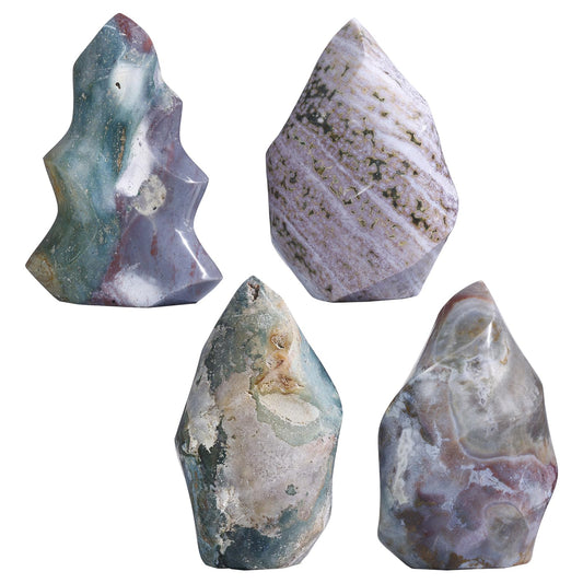mookaitedecor Ocean Jasper Flame Tower closeup showing fiery flame silhouette and texture.