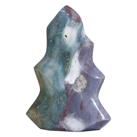 mookaitedecor Ocean Jasper Flame Tower stand highlighting natural veining for meditation.