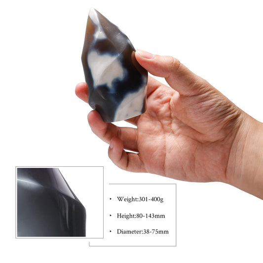 Mookaitedecor Orca Agate Flame Tower front view highlights carved flame silhouette
