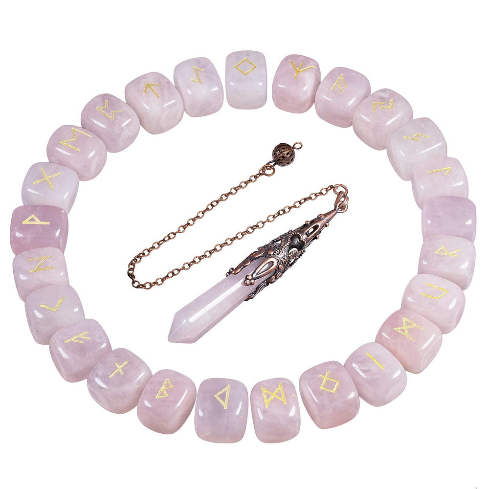 Mookaitedecor Rose Quartz Rune Set with runes and pendulum for focused divination sessions.