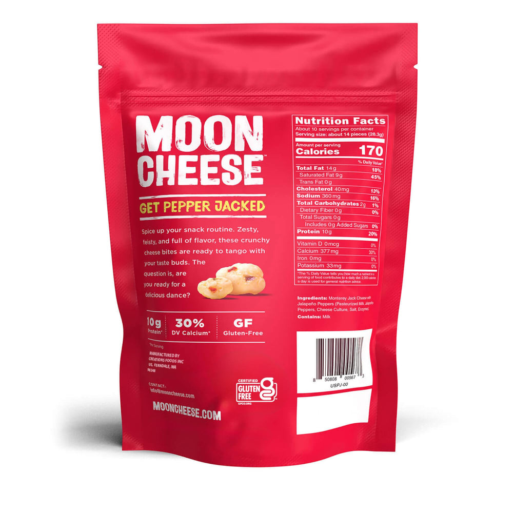 Moon Cheese Bites Pepper Jacked closeup texture emphasizes crisp bite