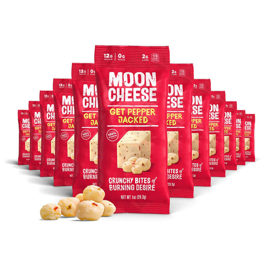 Moon Cheese Bites pepper-jacked close-up showing pepper-filled crunch and protein boost.