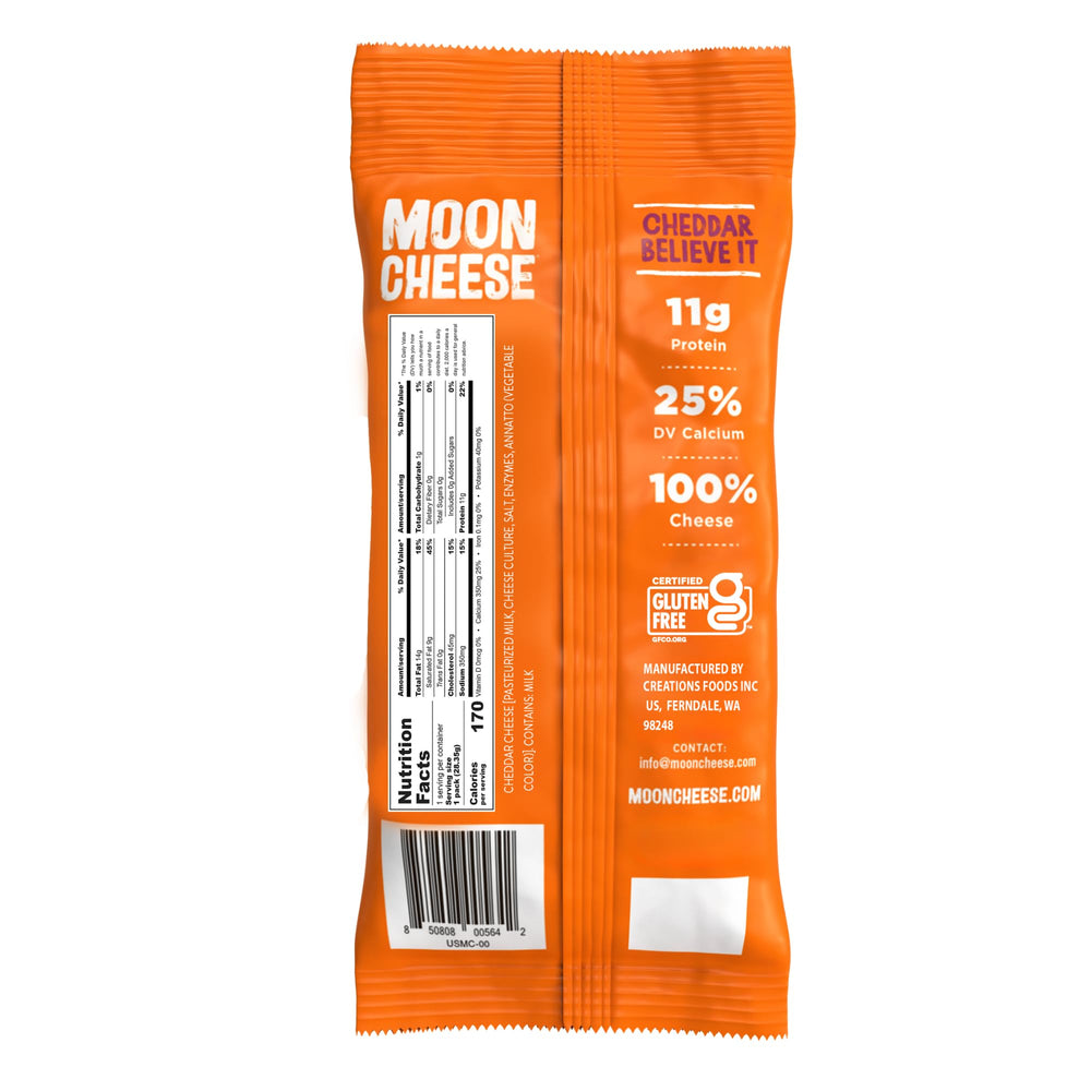 Moon Cheese Cheddar Believe It after-school snack—kid-friendly crunch.