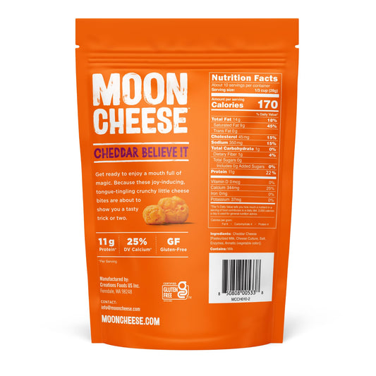 Moon Cheese cheddar bites close-up showing crunchy texture and savory flavor.