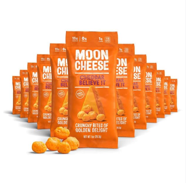 Moon Cheese Cheddar Believe It bites—crunchy protein snack on the go.