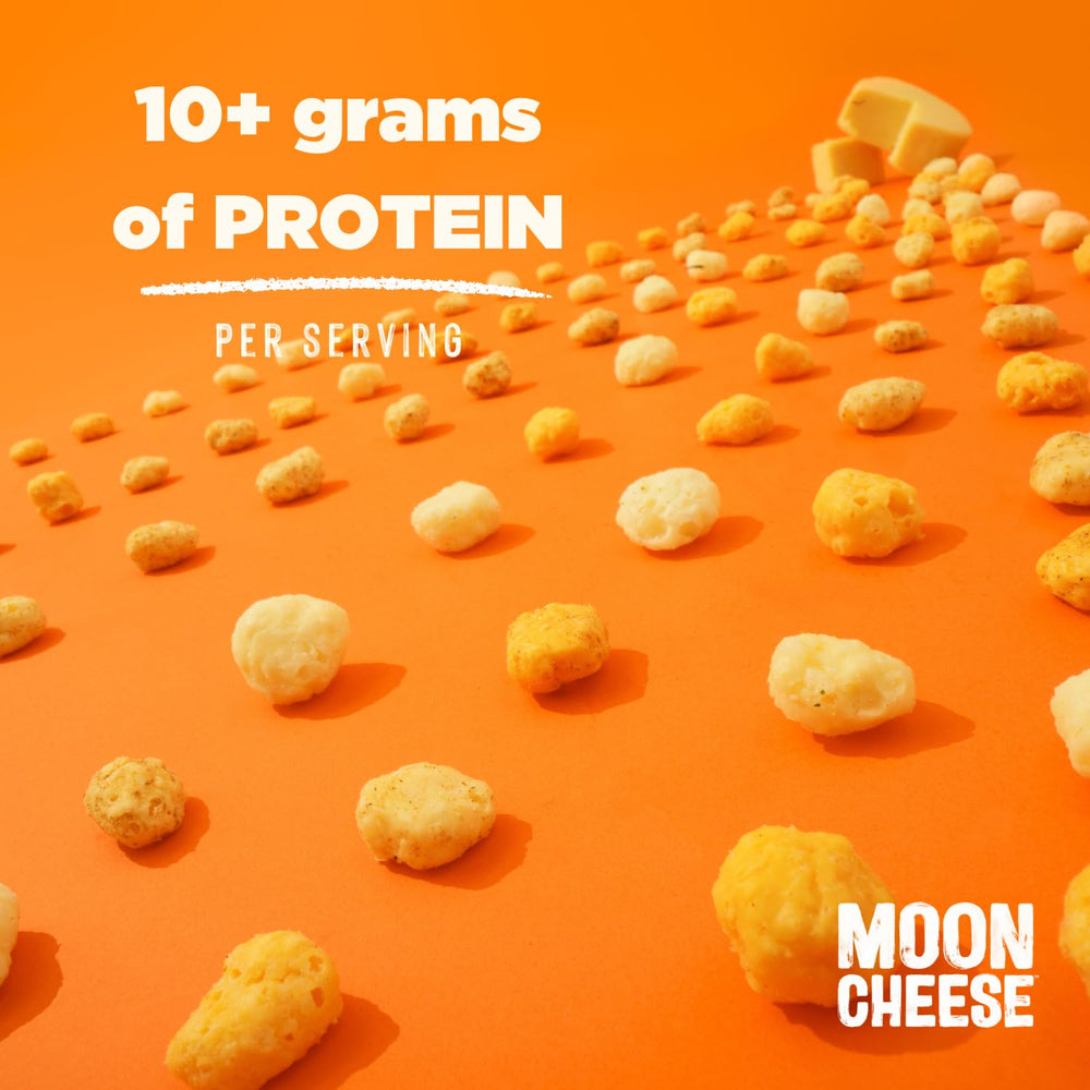 Moon Cheese nutrition label close-up highlighting protein and calcium benefits.