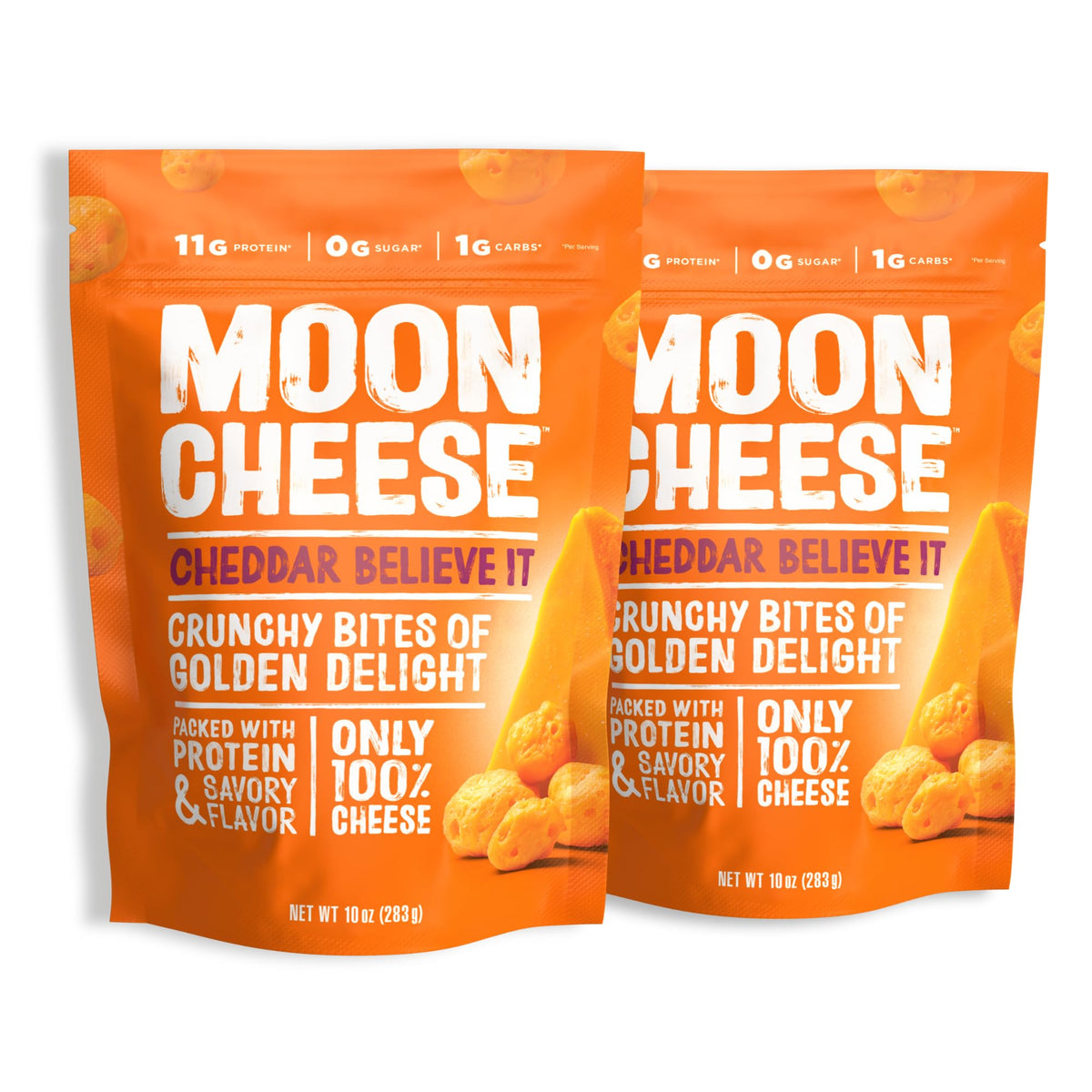 Moon Cheese Cheddar Believe It 2-pack front view, protein-packed snack for busy days.