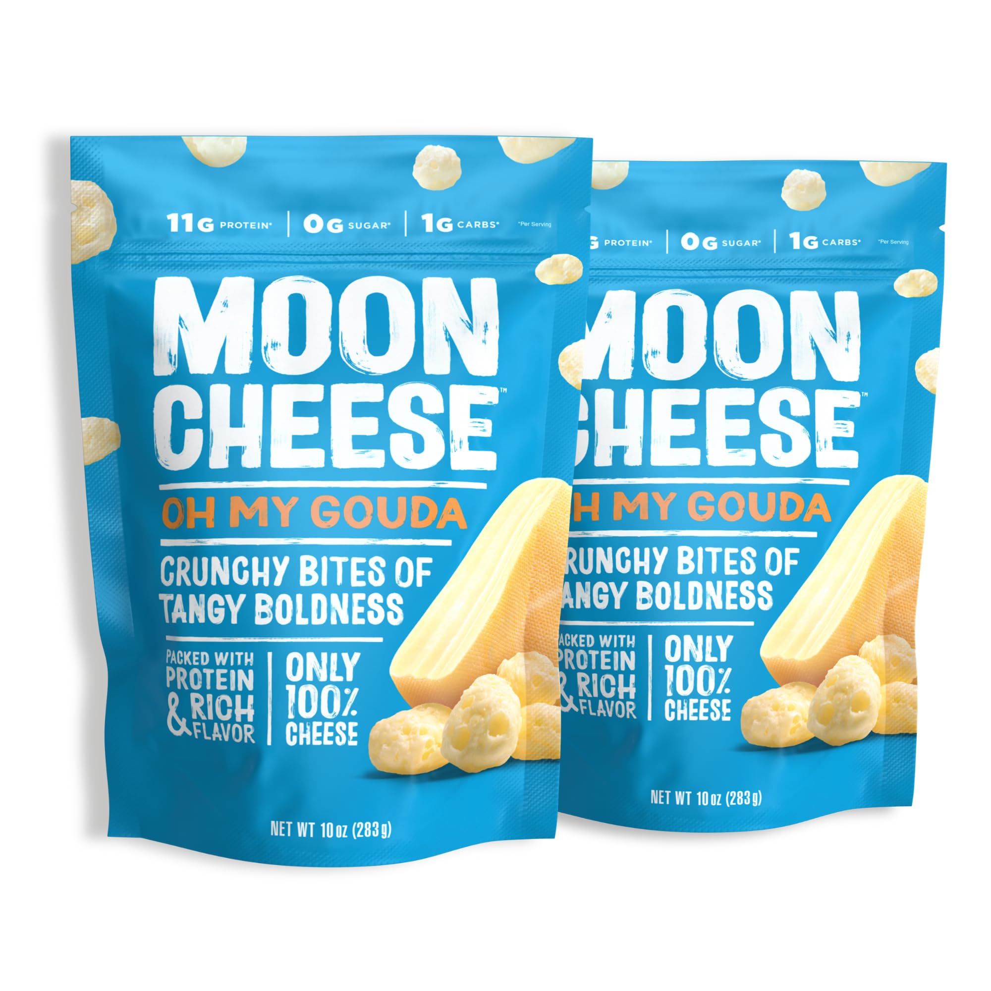Moon Cheese Oh My Gouda Bites pack shot showing convenient 2-pack snack for busy days.