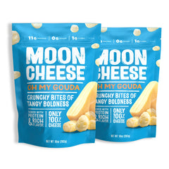 Moon Cheese Oh My Gouda Bites pack shot showing convenient 2-pack snack for busy days.