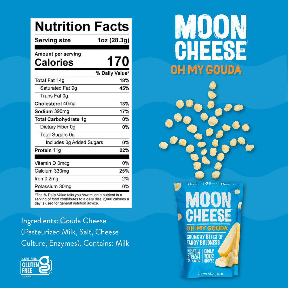 Moon Cheese Oh My Gouda Bites protein-packed image emphasizing high protein and gluten-free snack.