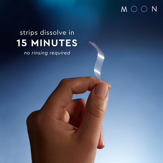 MOON strip on teeth for quick whitening on the go.