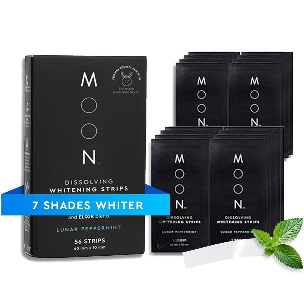 MOON packaging for travel showing 56 strips and vegan formula.