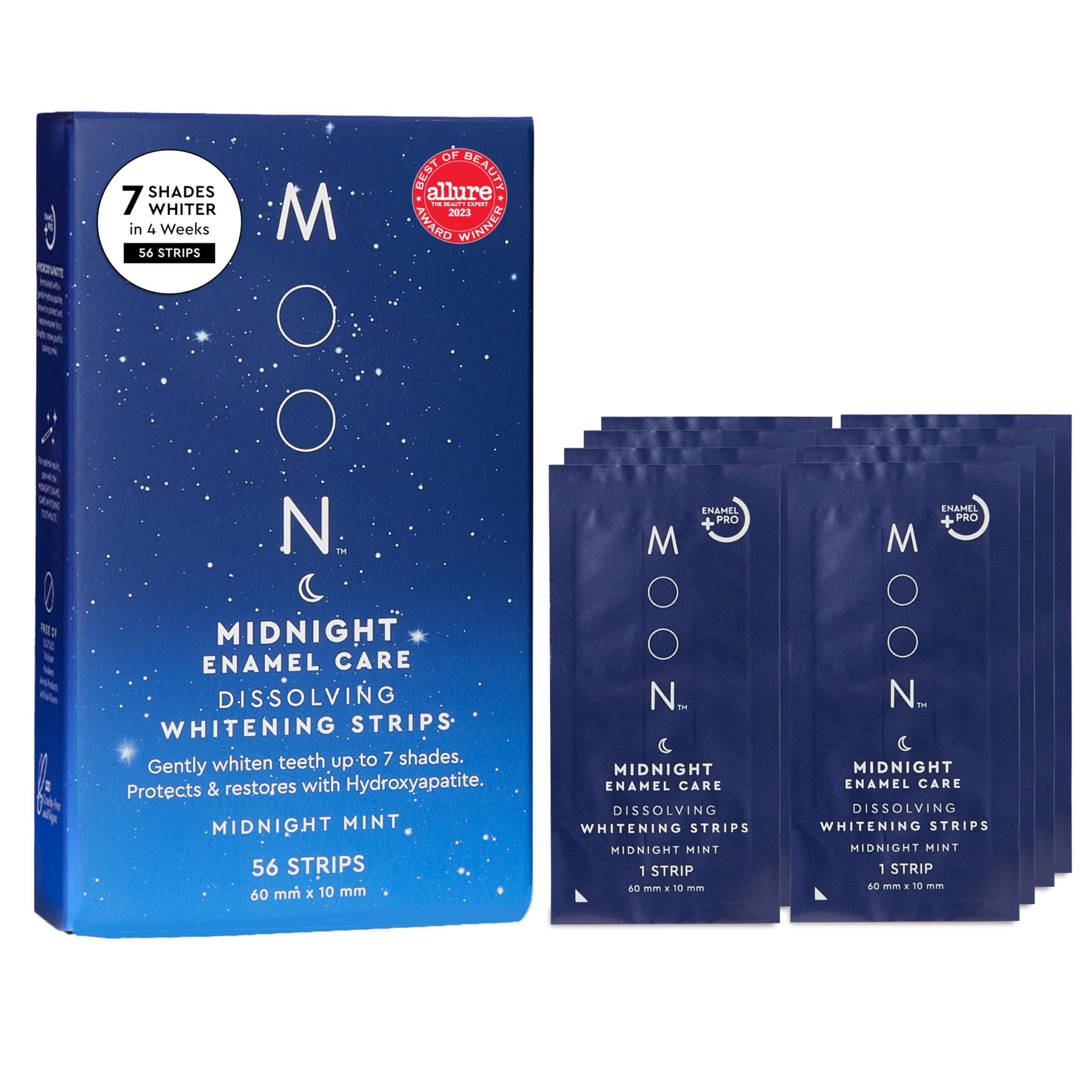 MOON dissolving strips midnight mint for quick, no-rinse whitening at home.