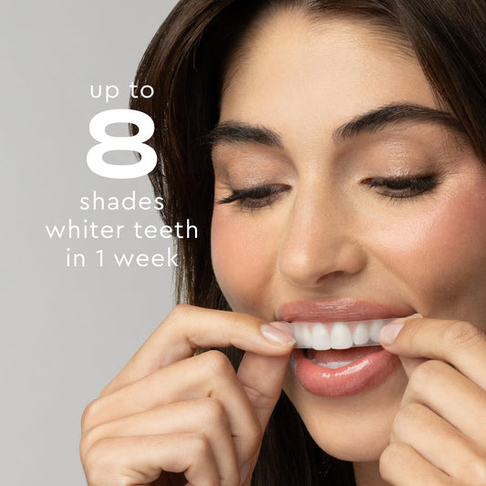 MOON strips in use demonstrating ten-minute whitening with no rinsing
