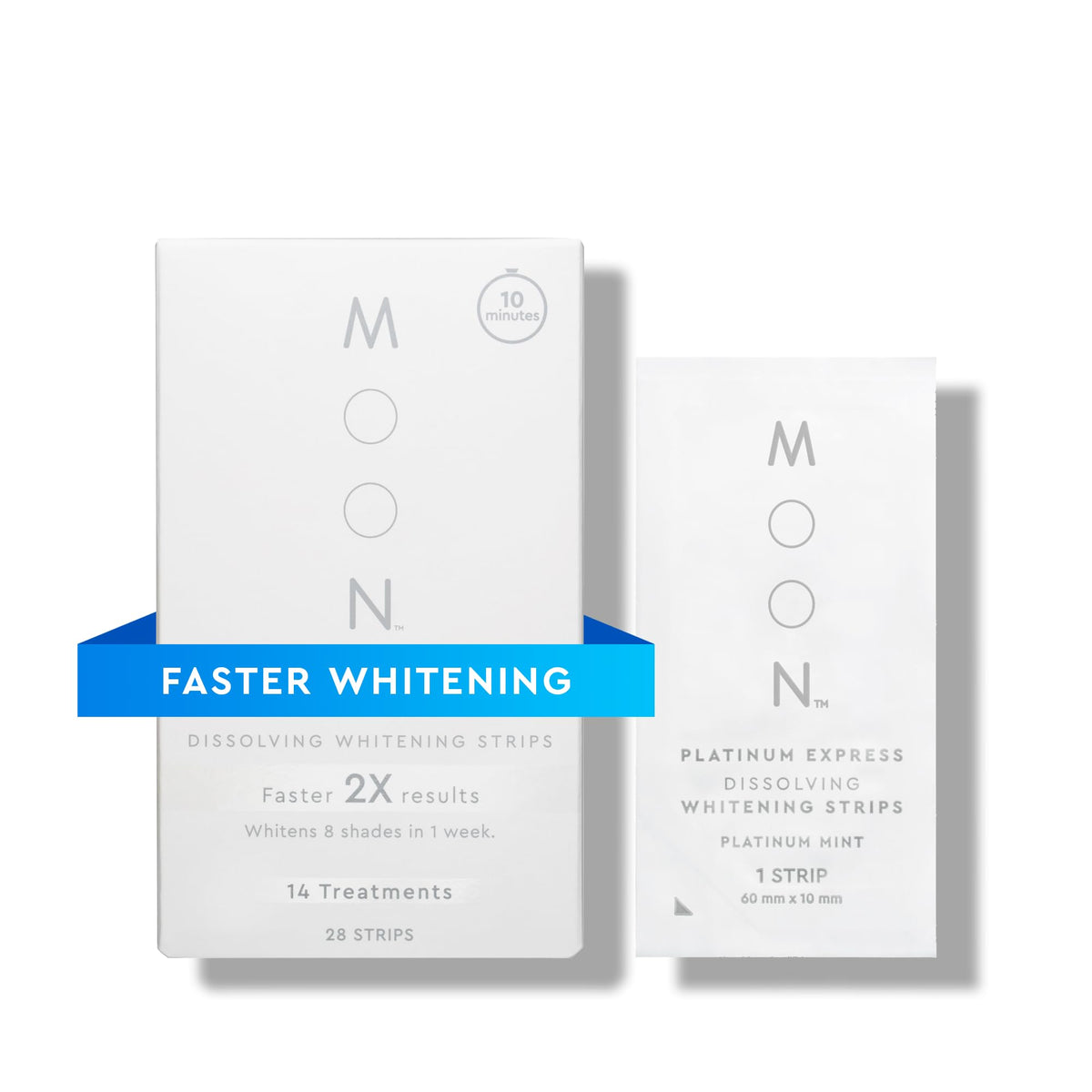 MOON packshot of dissolving strips showing a compact whitening system for fast at-home use