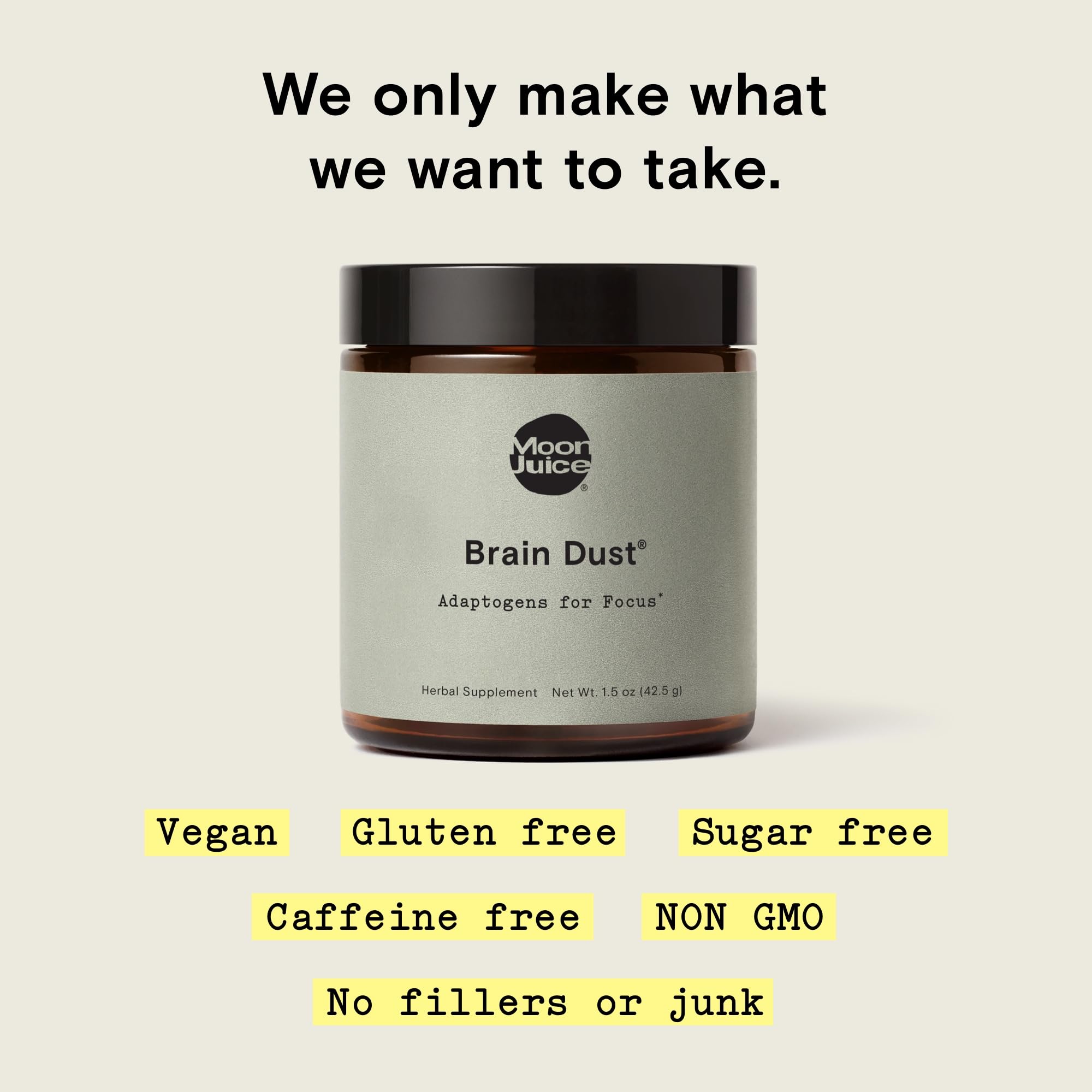 Moon Juice Brain Dust label close-up highlights adaptogenic ingredients.