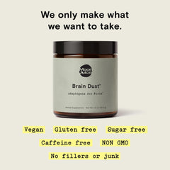Moon Juice Brain Dust label close-up highlights adaptogenic ingredients.