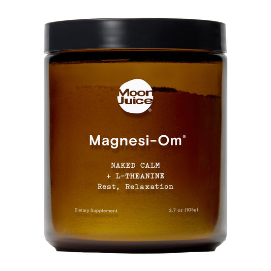 Moon Juice Magnesi-Om bottle closeup showing premium chelated magnesium for rest